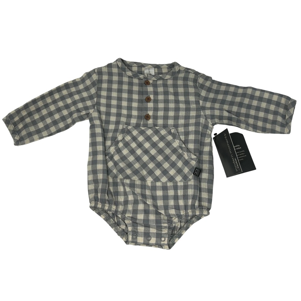 Modern Moments by Gerber Baby Gingham Henley Bodysuit‎ Grey White 12M New